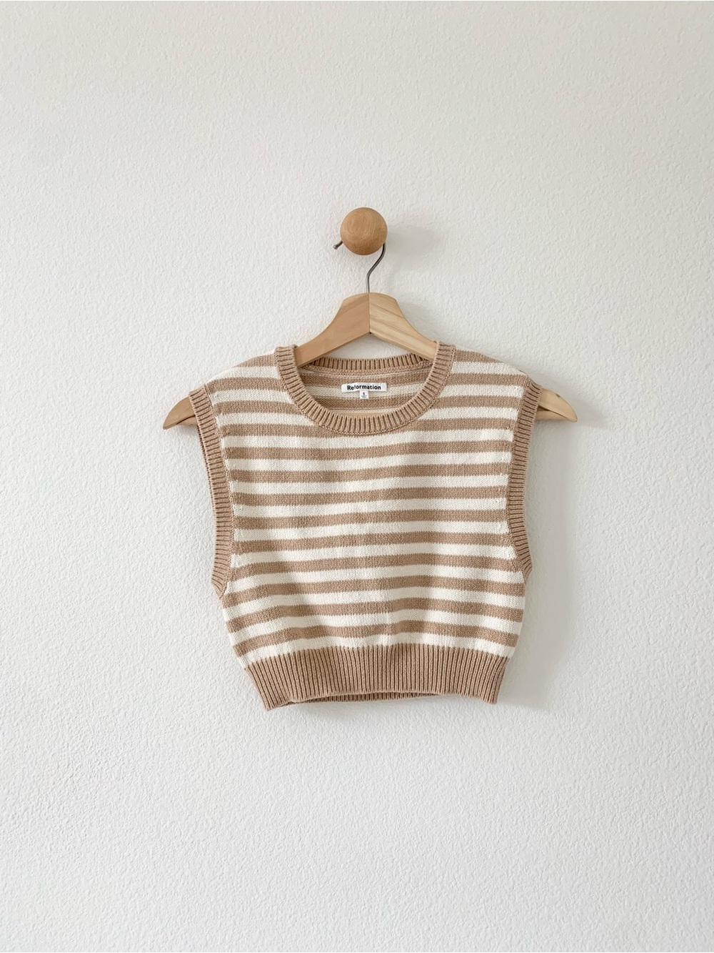 Reformation Brown Beige White Stripe Sleeveless Knit Crop Top Small